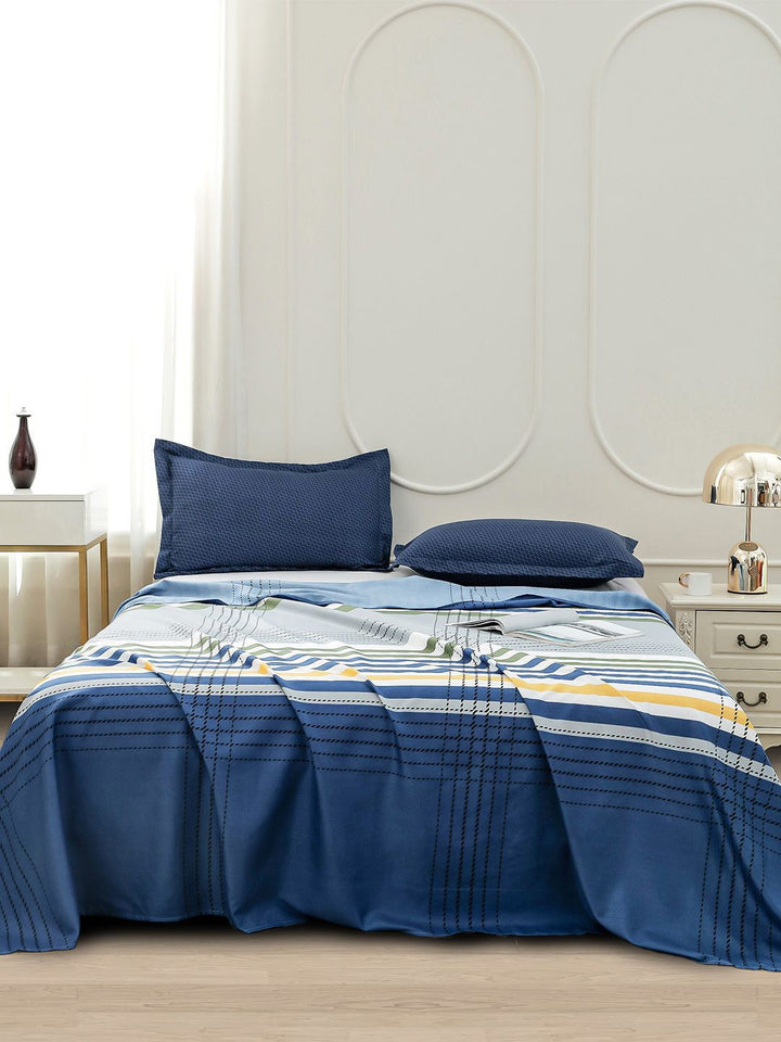 Story@home Blue & White Striped 240 TC Satin Finish Queen Bedsheet Set