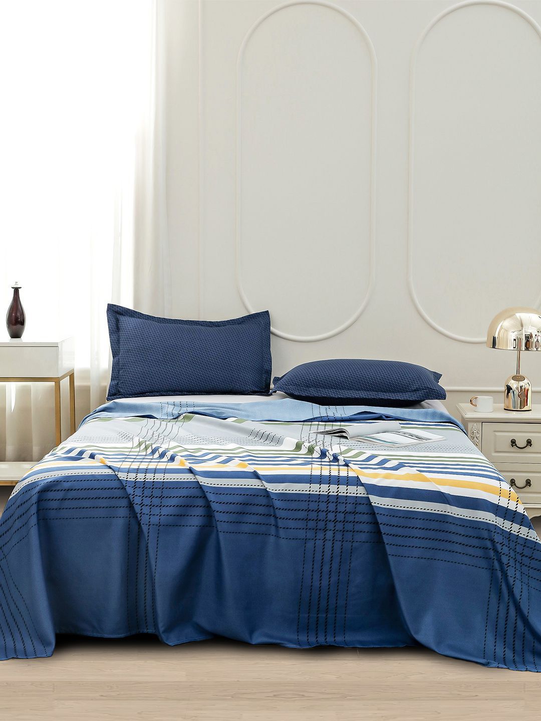 Story@home Blue & White Striped 240 TC Satin Finish Queen Bedsheet Set