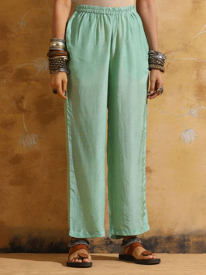 trueBrowns Women Mint Green Muslin Silk High-Slit Kurta Pant Set