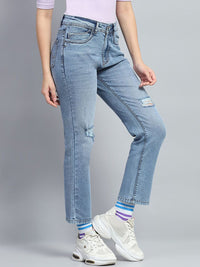 Monte Carlo Women Solid Cotton Mid-Rise Straight Fit Mildly Distressed Heavy Fade Jeans