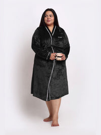 KLOTTHE Plus Size Black Woollen Bath Robe With Belt