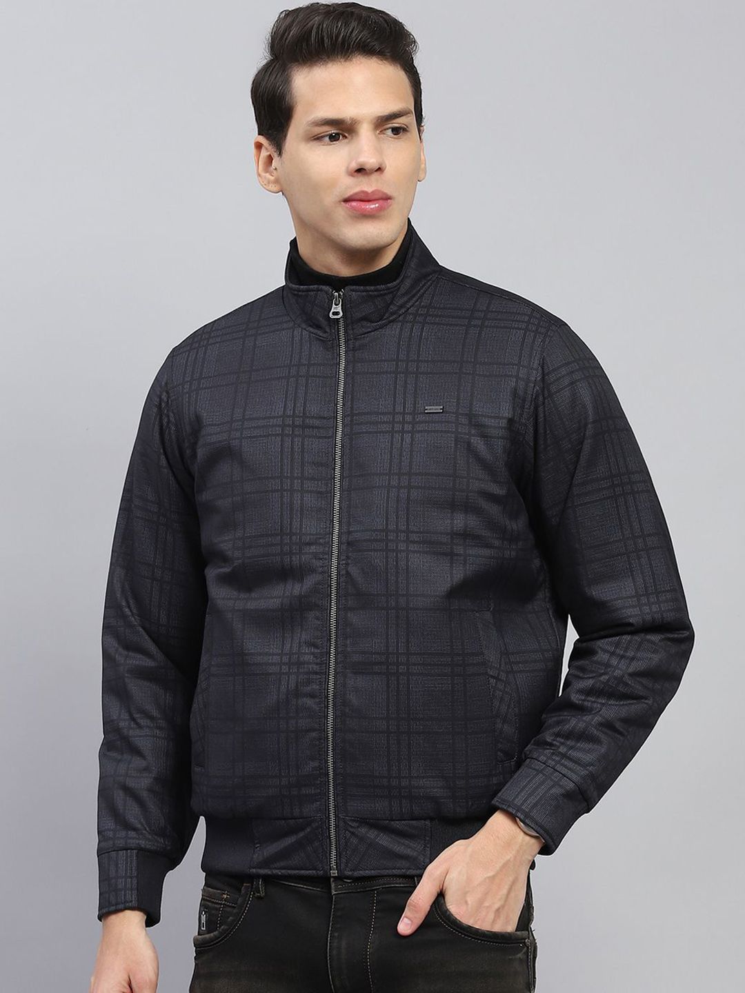 Monte Carlo Men Mock Collar Checked Casual Open Front Jacket