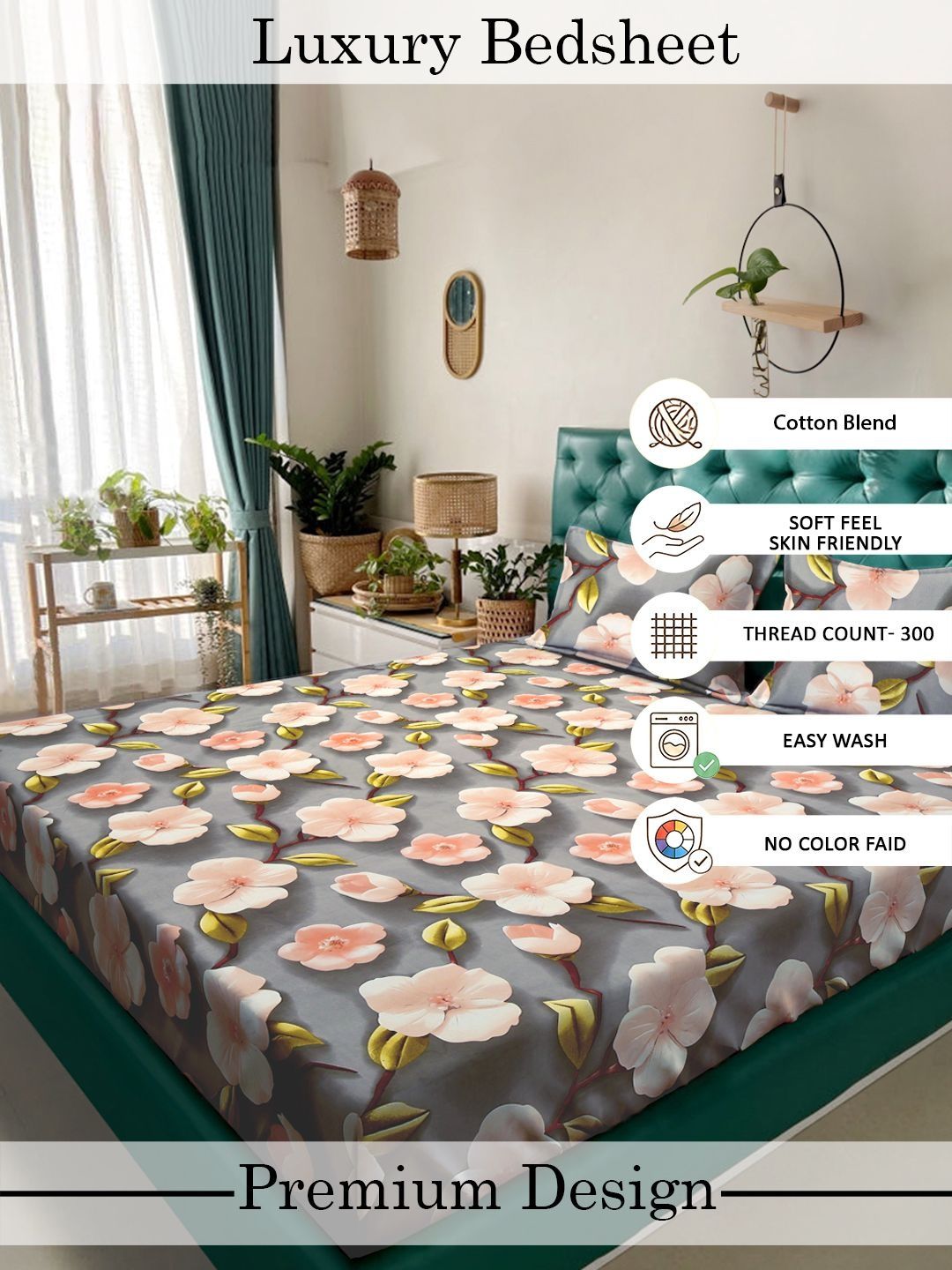 Myntra Elegant Homes Grey & Pink Floral 300 TC King Cadar dengan 2 Sarung Bantal