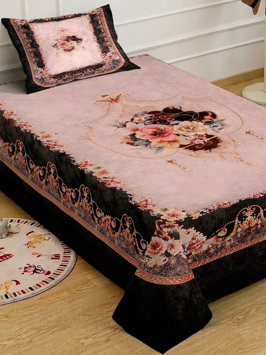 Myntra Elegant Brown Floral Printed Dilengkapi 400 TC Single Cadar 7D & 1 Sarung Bantal