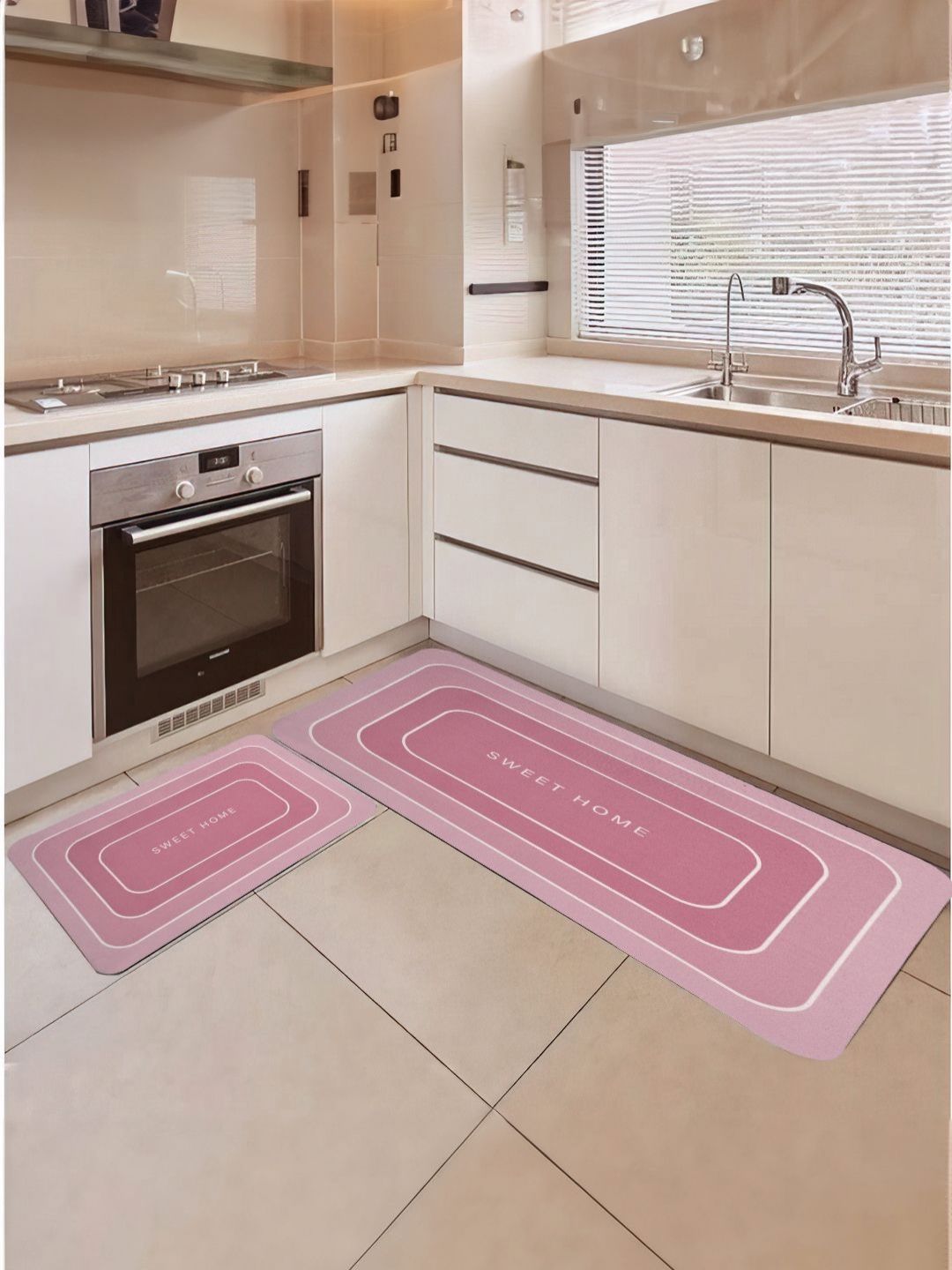 Cortina Pink 2 Pieces Printed Rectangular Anti-Skid Kitchen Mats