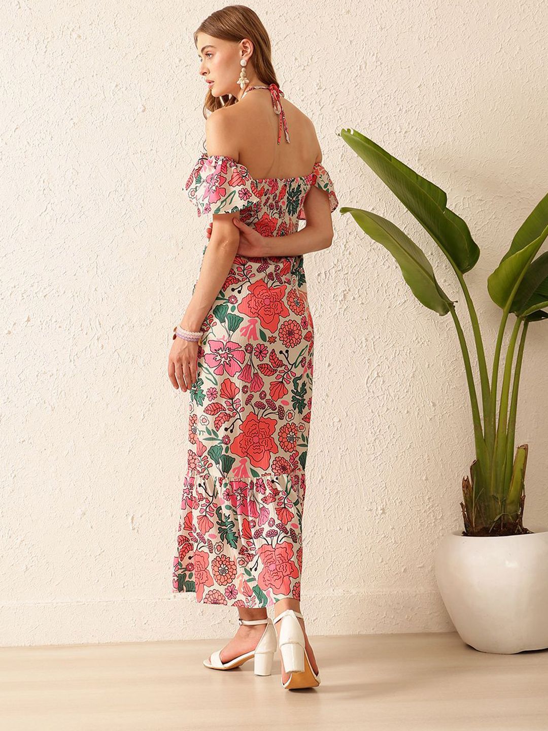 STREET 9 Floral Print Off-Shoulder Crepe A-Line Midi Dress