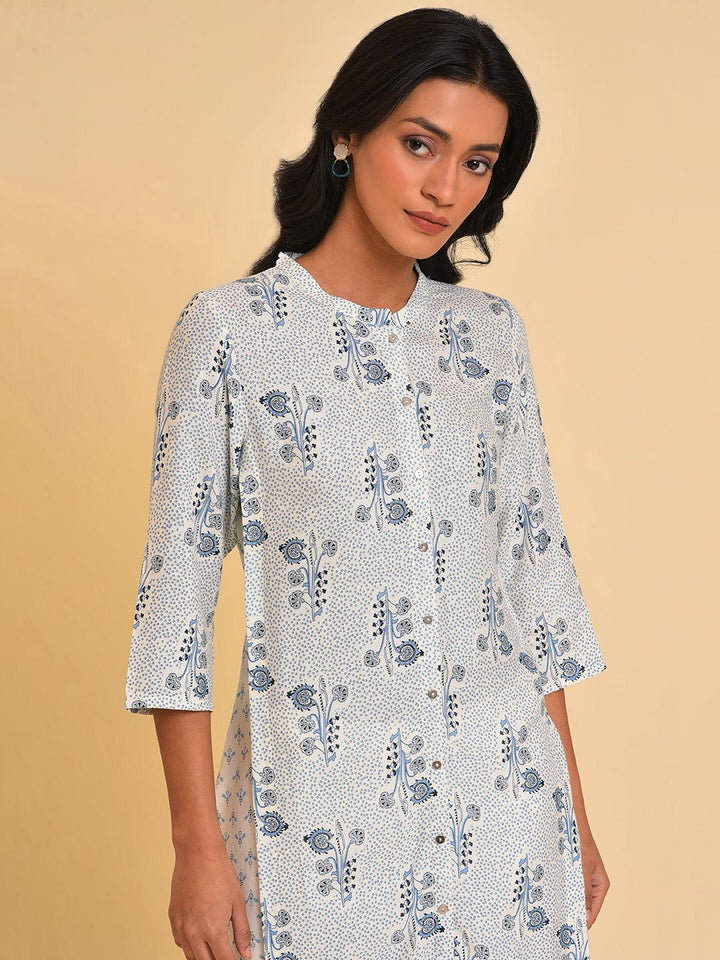 W Floral Printed Band Collar A Line Kurta