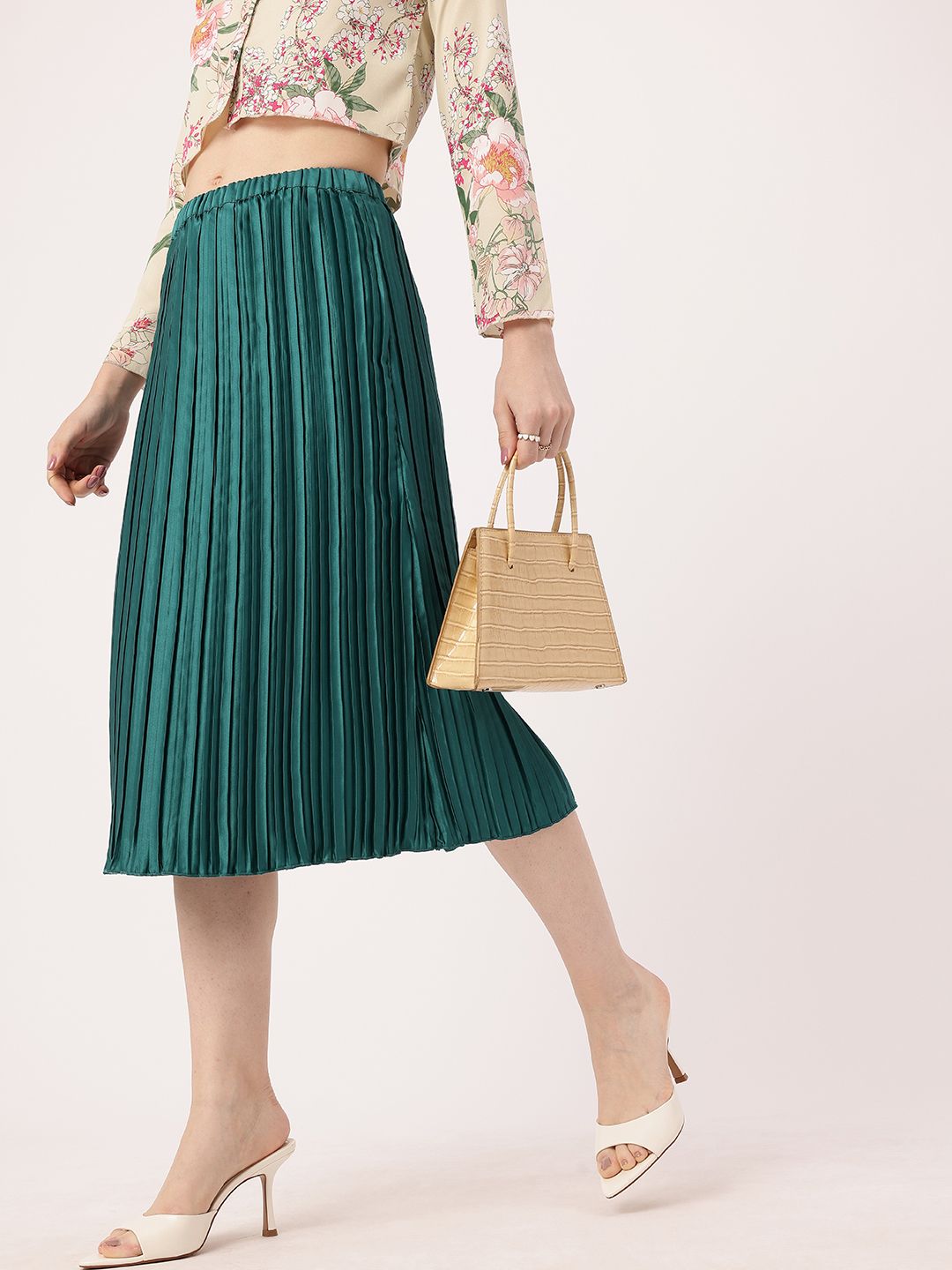 DressBerry Effortless Elegance Accordion Pleated Satin Finish A-Line Midi Skirts