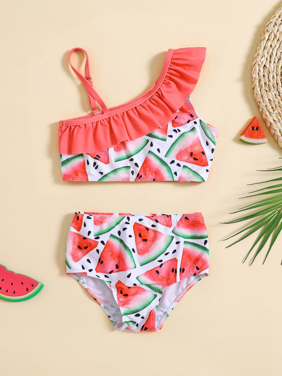 YK Girls Watermelon Printed One Shoulder Swim Bikini Set