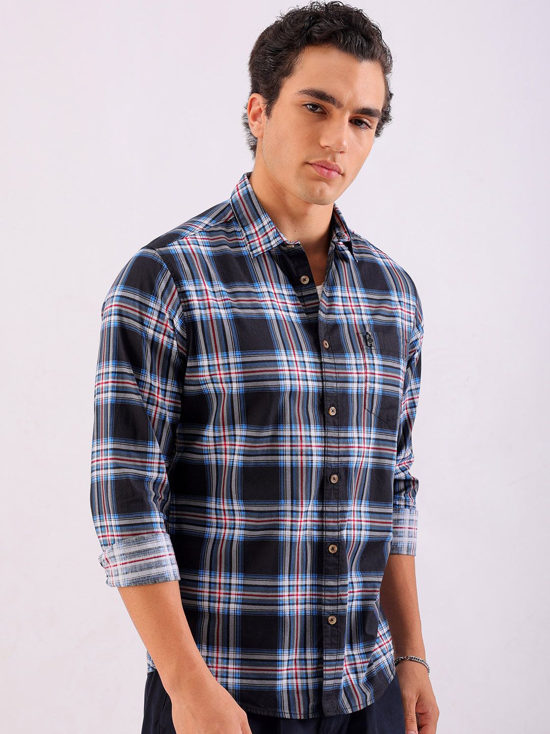 The Indian Garage Co Men Black & Grey Checked Pure Cotton Casual Shirt