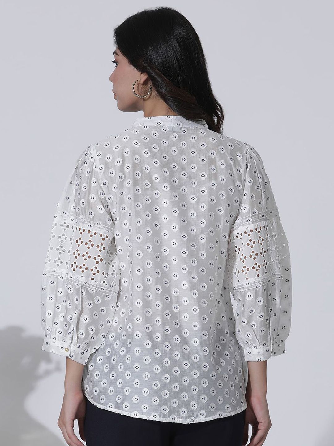 W Geometric Print Mandarin Collar Puff Sleeve Shirt Style Top