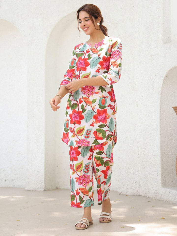 Rain & Rainbow Printed Notch Neck Pure Cotton Tunic With Trouser