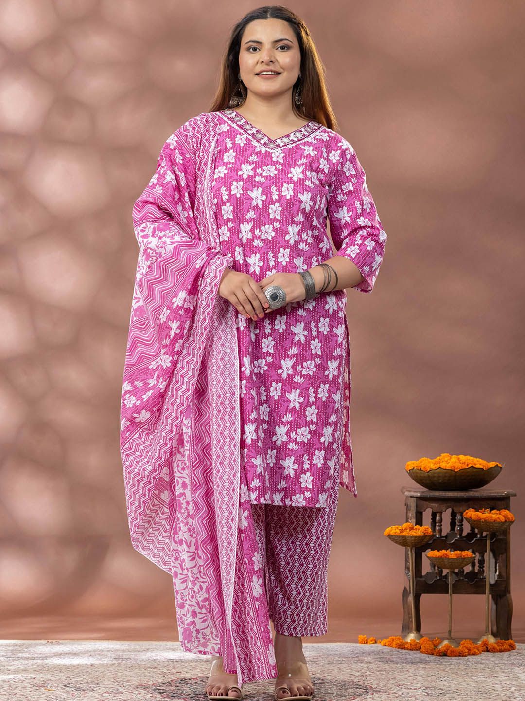 Mamicha Embroidered Kurta With Palazzos & Dupatta