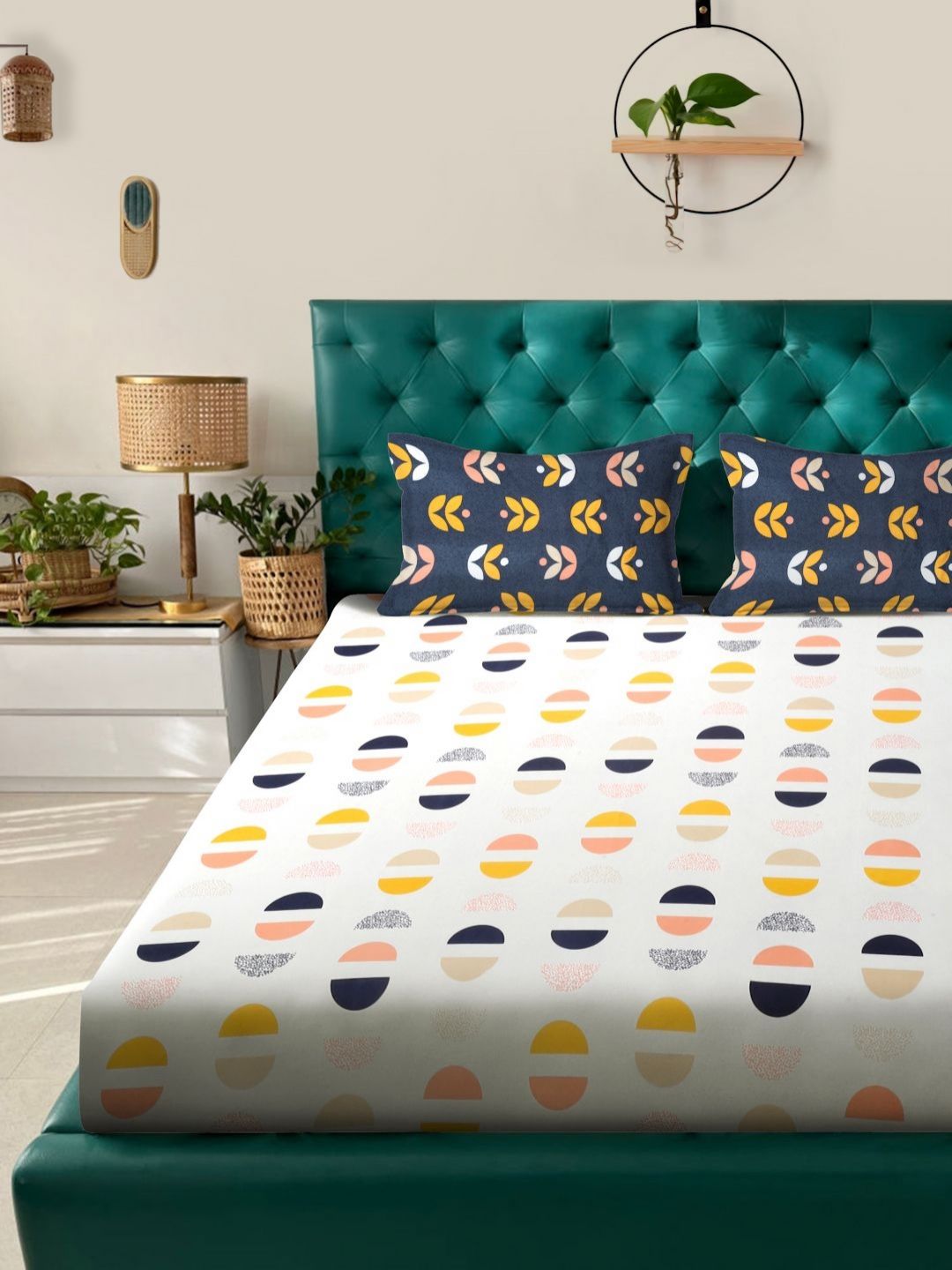 Myntra Elegant Homes Krim & Kuning Bercetak Set Cadar King 300 TC 2.50 m x 2.20m