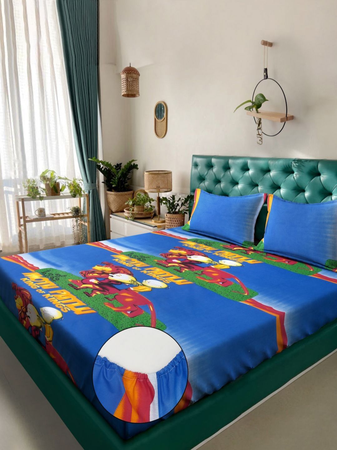 KLOTTHE Blue & Green Cartoon Printed Fitted 400 TC Cotton King Bedsheet With 2 Pillow Cover