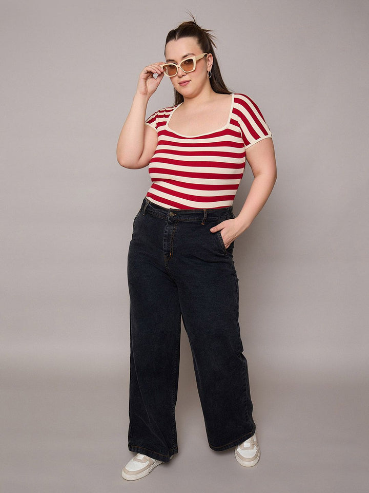 SASSAFRAS Women Plus Size Striped Cotton Top
