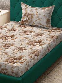 KLOTTHE Cream & Brown Floral Printed Flat 300 TC Single 7D Bedsheet With Pillow Cover