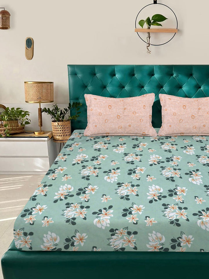 KLOTTHE Green Floral 300 TC Cotton Blend Dilengkapi Cadar Katil Double dengan 2 Sarung Bantal