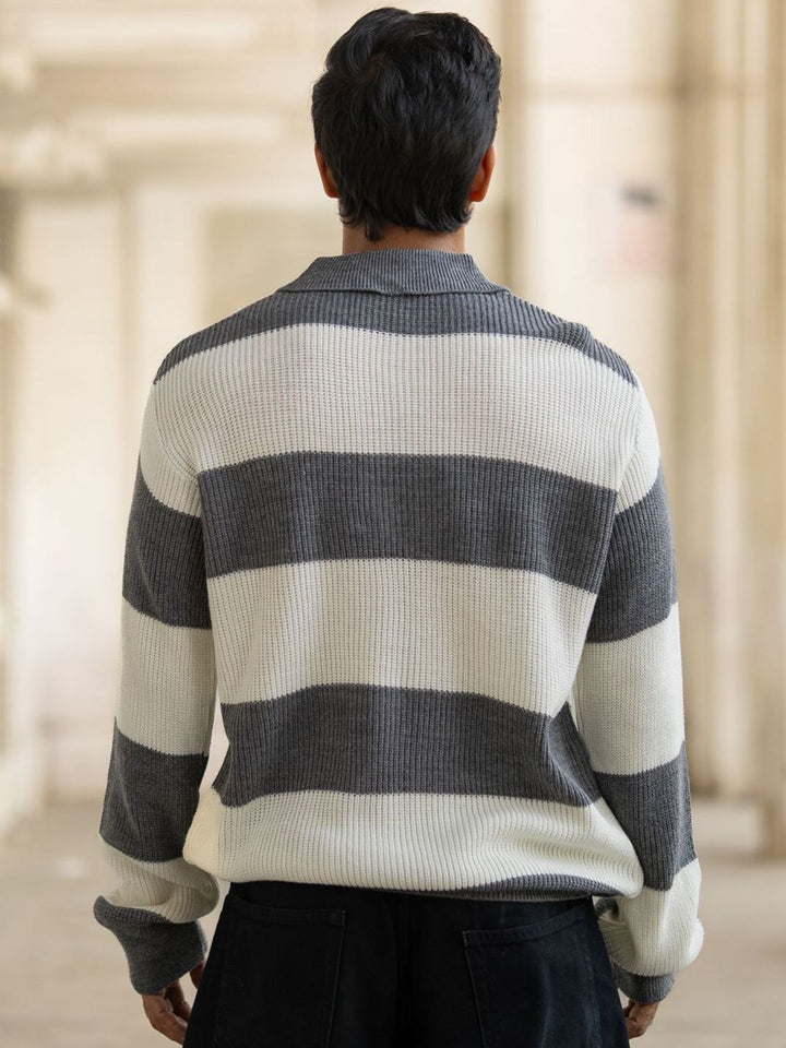 Powerlook Men Striped Polo Collar Full Sleeves Casual T-shirt