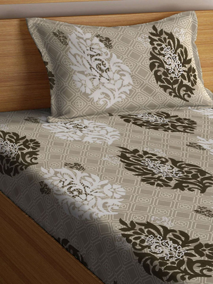 KLOTTHE  Brown Ethnic Motifs Printed 300TC Fitted Single Bedsheet With Pillow Cover