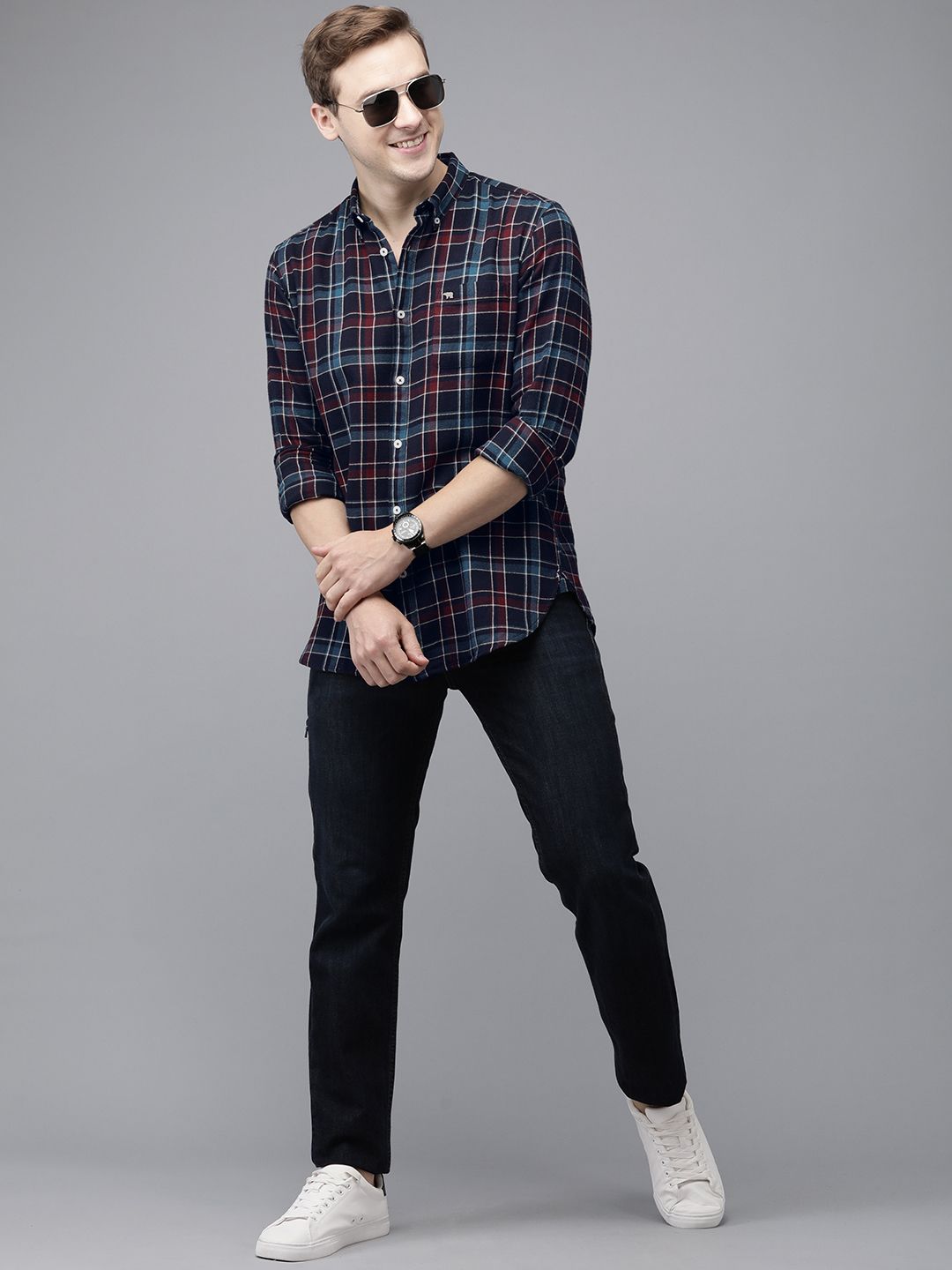 THE BEAR HOUSE Men Navy Blue Slim Fit Checked Flannel Pure Cotton Casual Shirt