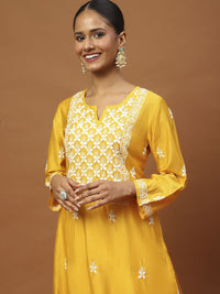 Rumah Chikankari Wanita Mustard Kuning Chanderi Chikankari Sulam Kurta