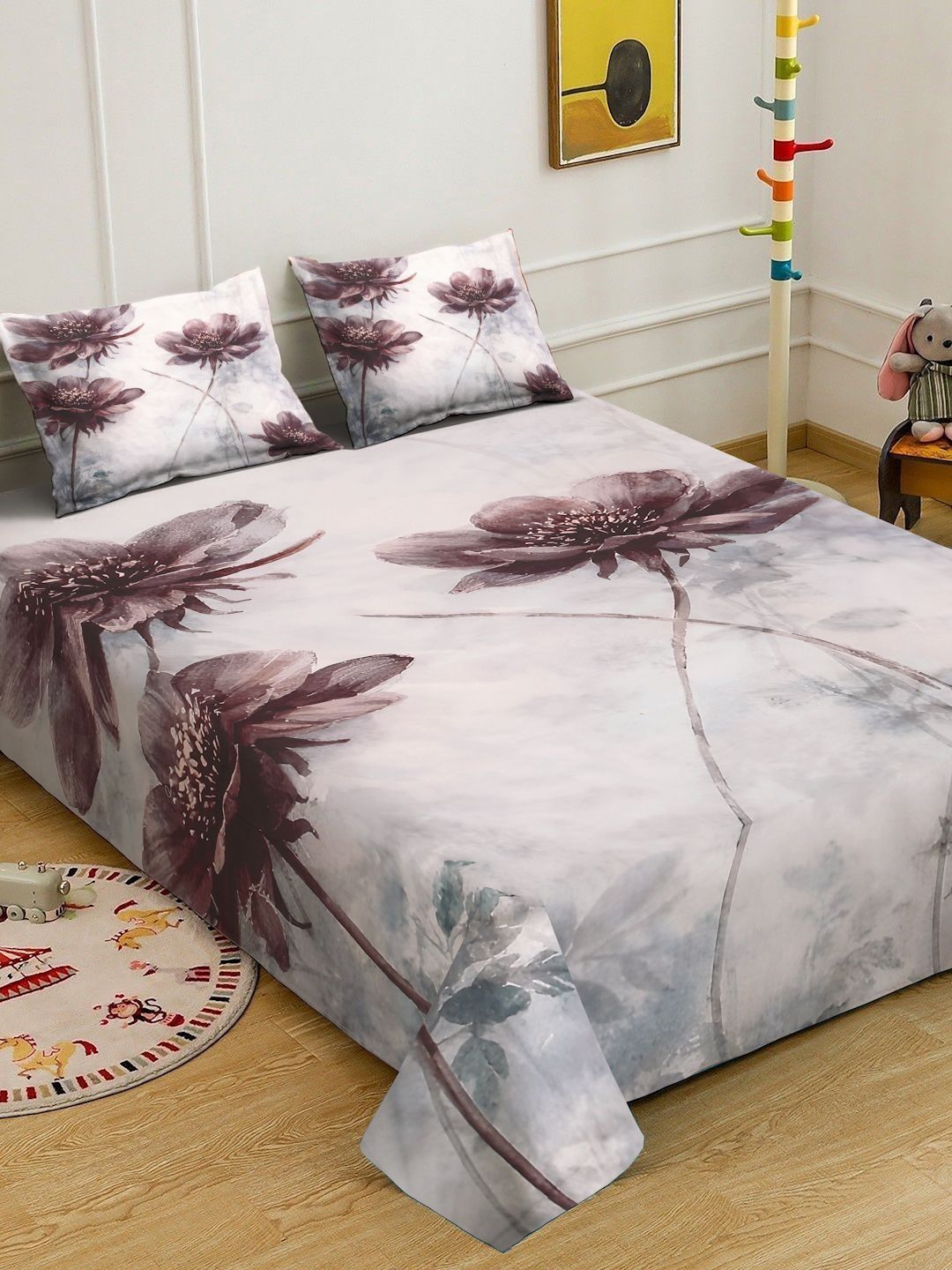 Myntra Elegant Homes Off White Floral 300 TC Cadar Katil King dengan 2 Sarung Bantal