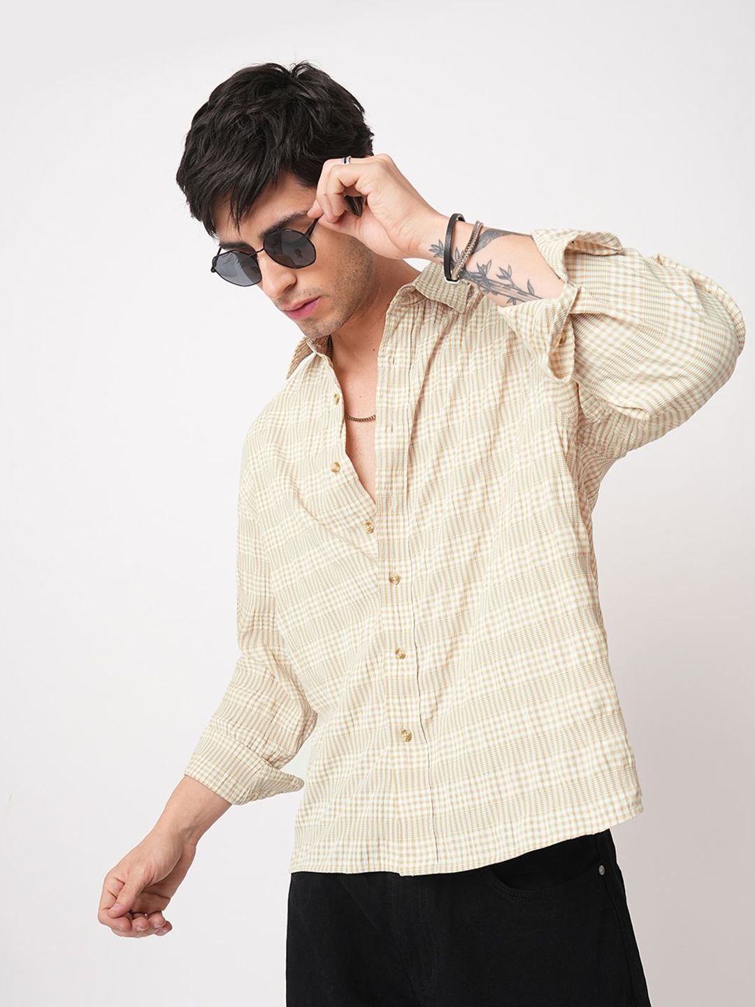VASTRADO Classic Oversized Checked Seersucker Weave Cotton Casual Shirt