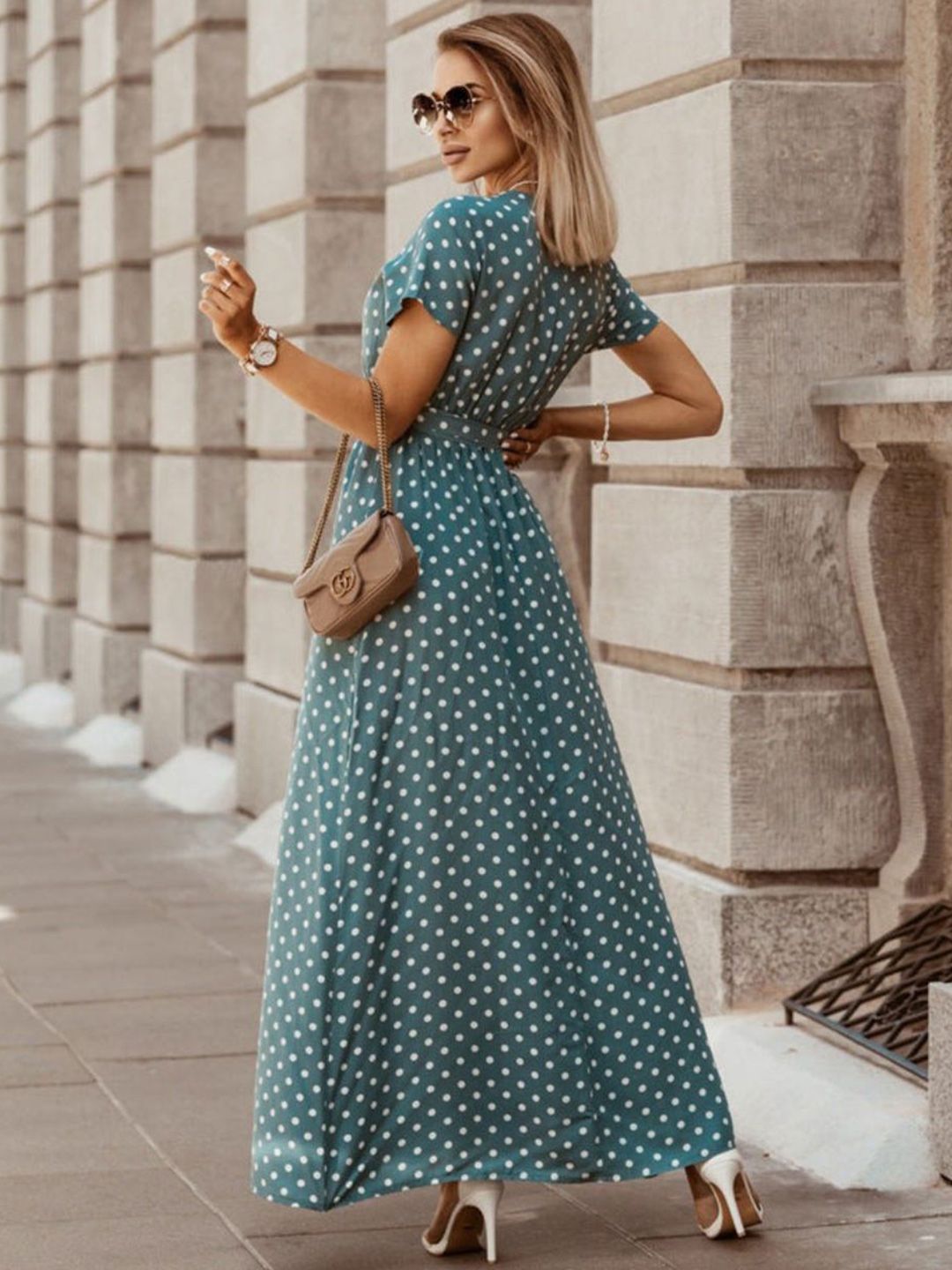 DressBerry Polka Dot Printed V-Neck Maxi Dress