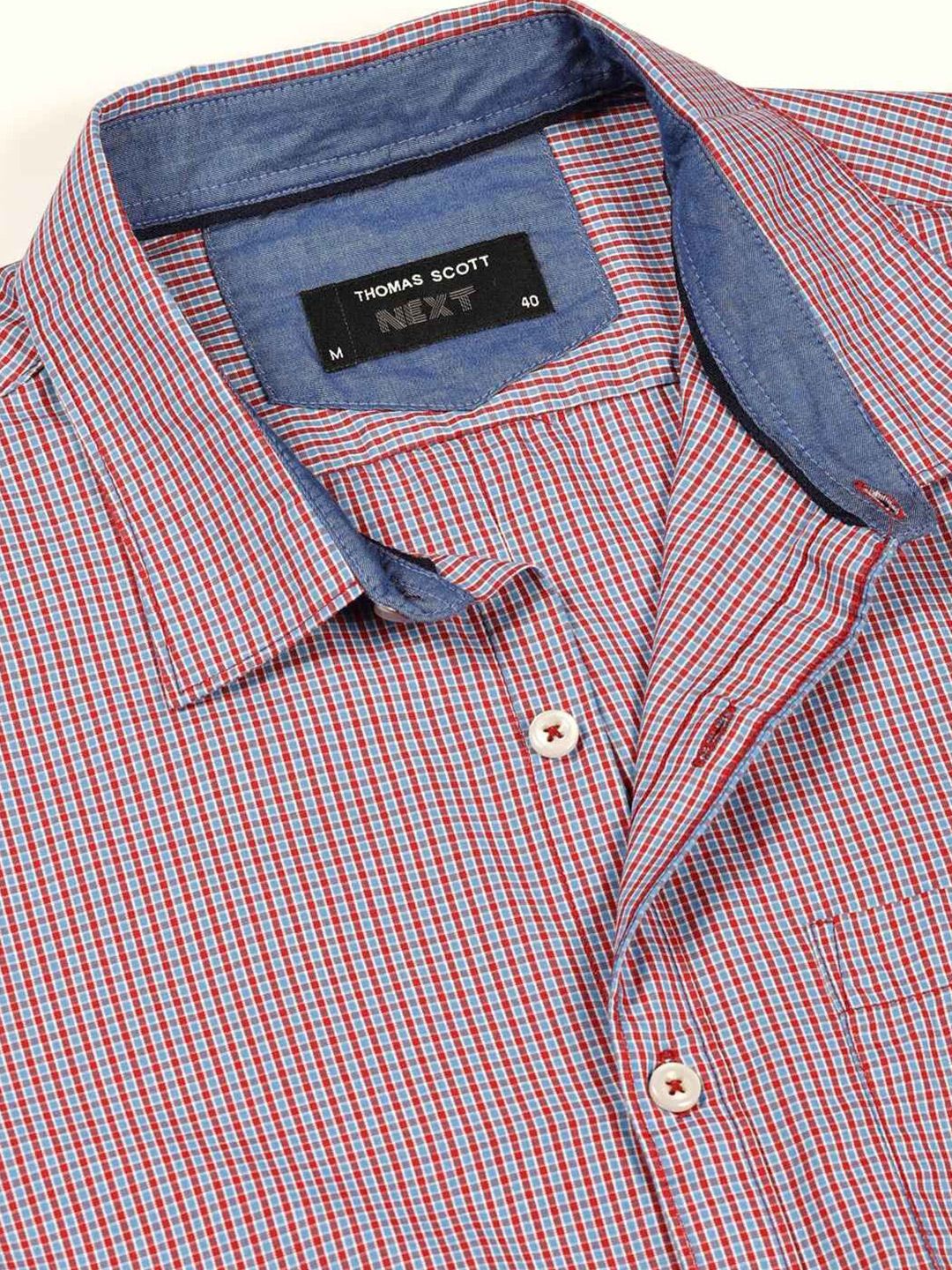 Thomas Scott Men Smart Spread Collar Micro Checked Cotton Slim Fit Casual Shirt