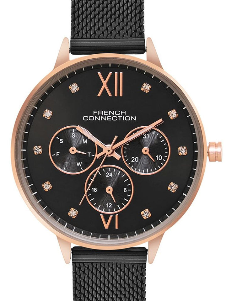 French Connection Women Embellished Dial & Stainless Steel Bracelet Style Straps Analogue Multi Function Watch