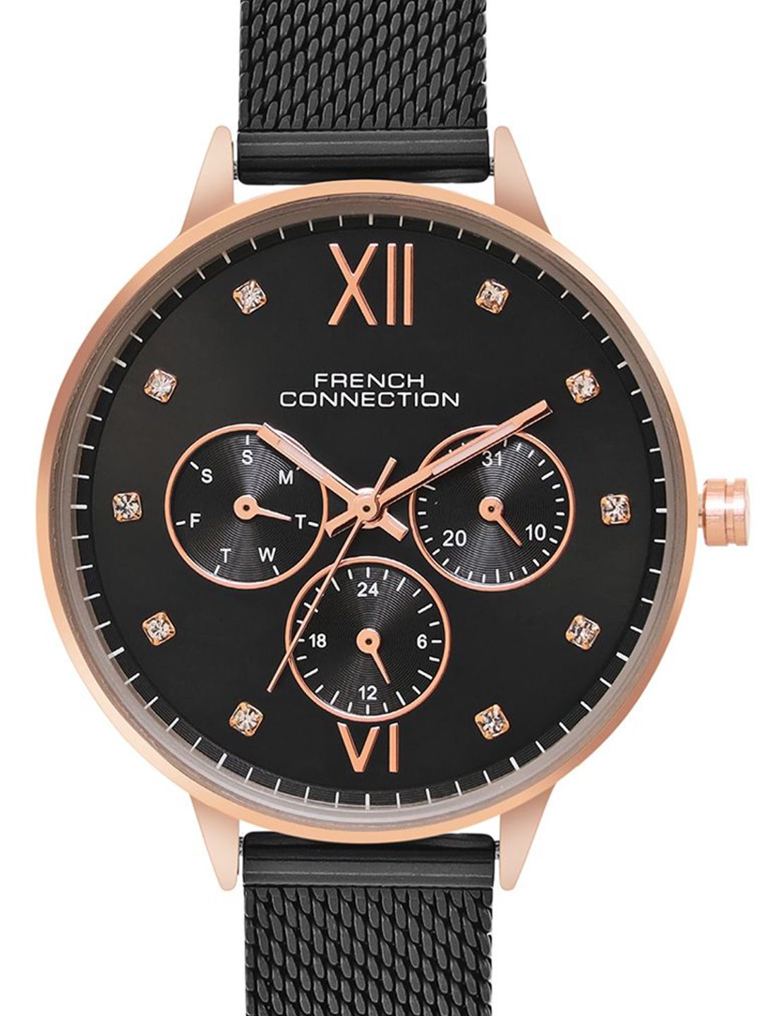 French Connection Women Embellished Dial & Stainless Steel Bracelet Style Straps Analogue Multi Function Watch