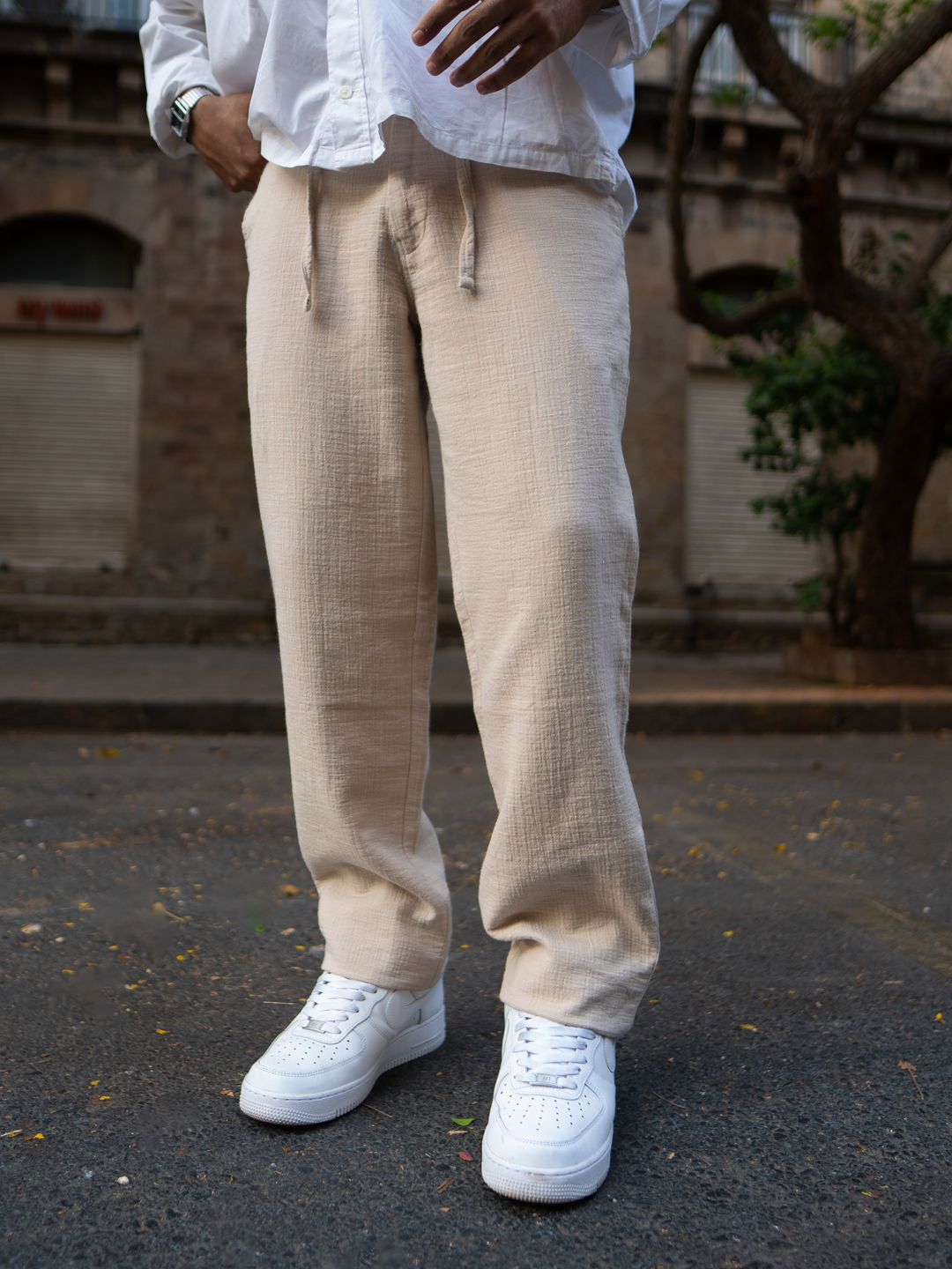Powerlook Men Beige Pure Cotton Regular Fit Crinkled Trousers