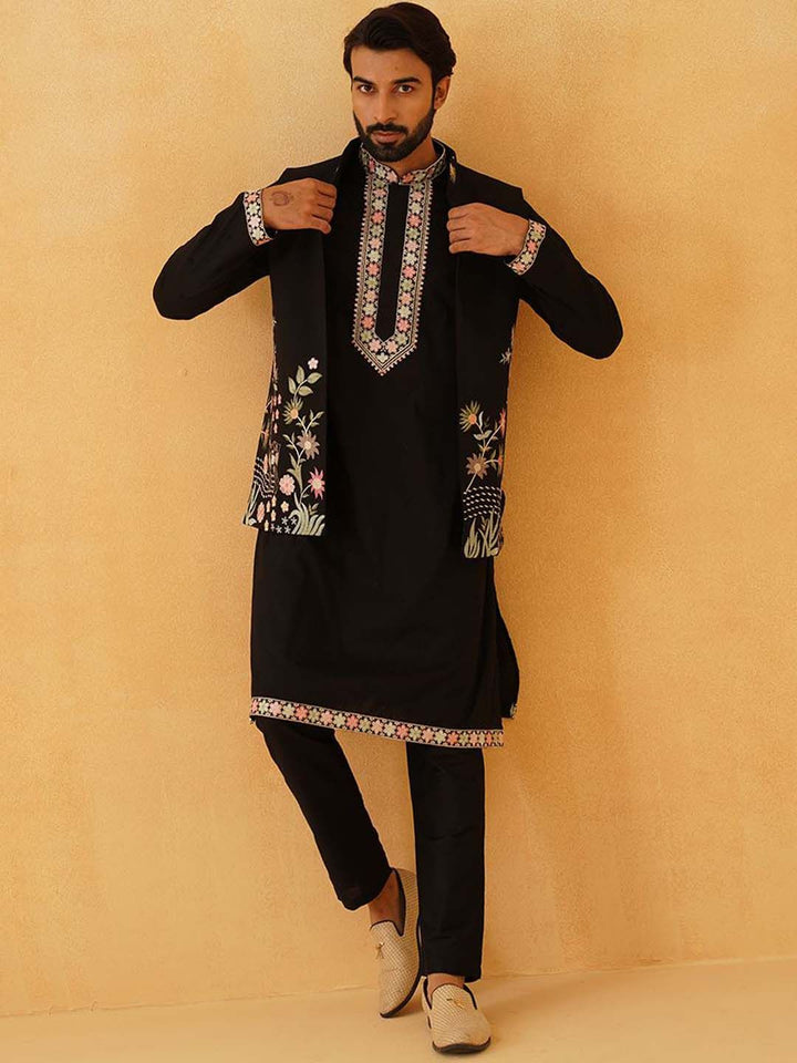 SOJANYA LUXE Floral Yoke Design Thread Work Cotton Silk Kurta With Trousers & Nehru jacket