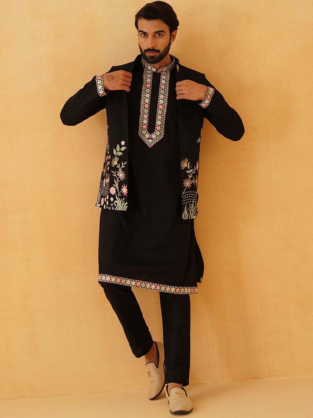SOJANYA LUXE Floral Yoke Design Thread Work Cotton Silk Kurta With Trousers & Nehru jacket