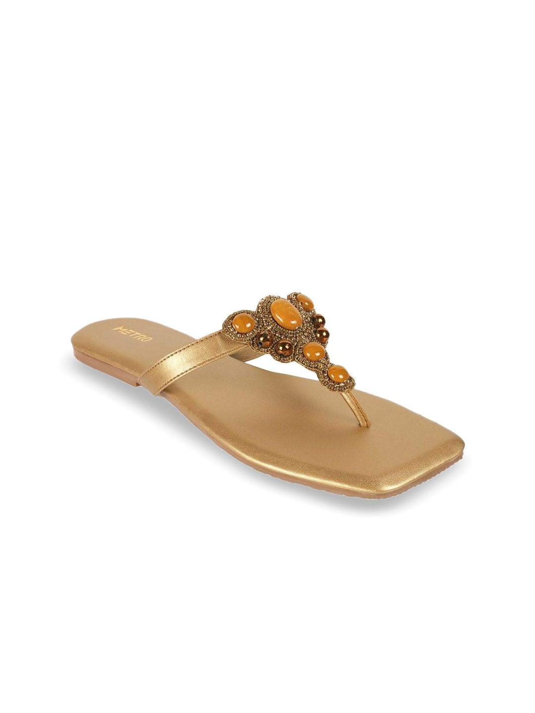 Metro Women Textured T-Strap Flats