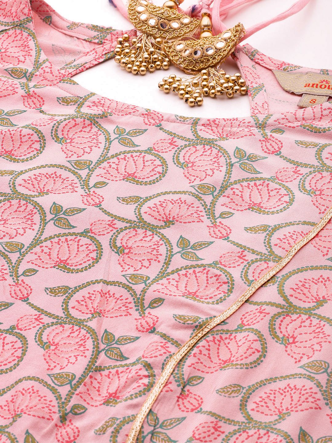 Anouk Floral Printed Back Tie-Up Embellish Detail Kurta
