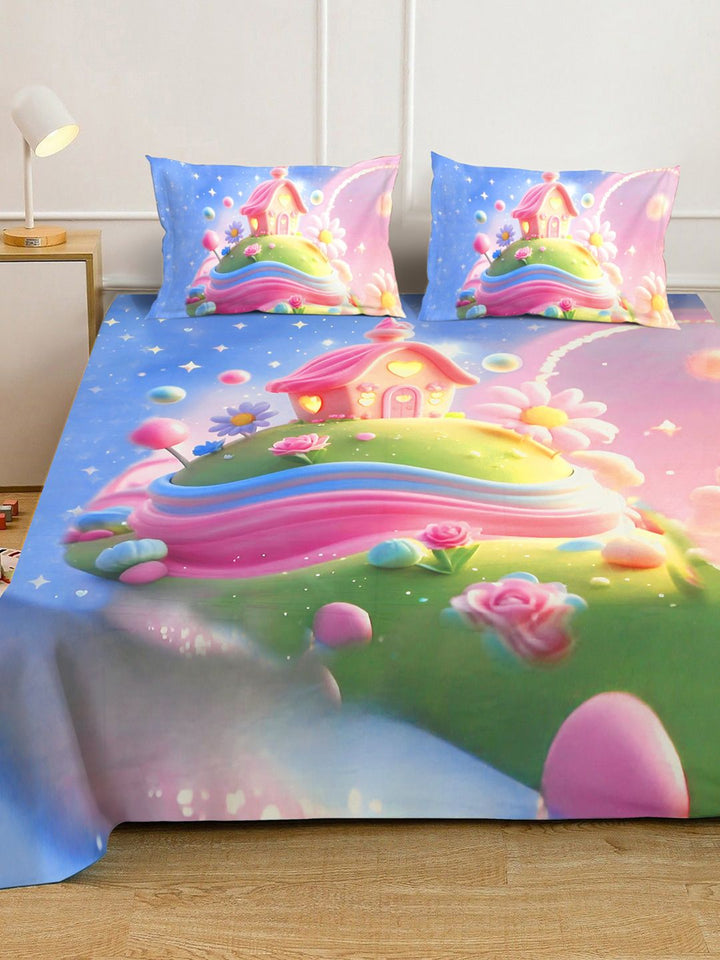 KLOTTHE Kartun Biru Dicetak Dilengkapi Cadar Katil King Double 7D 400 TC Dengan 2 Sarung Bantal