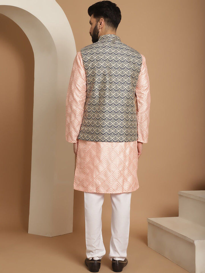 Anouk Pink Ethnic Motifs Woven Design Straight Kurta With Churidar & Nehru Jacket