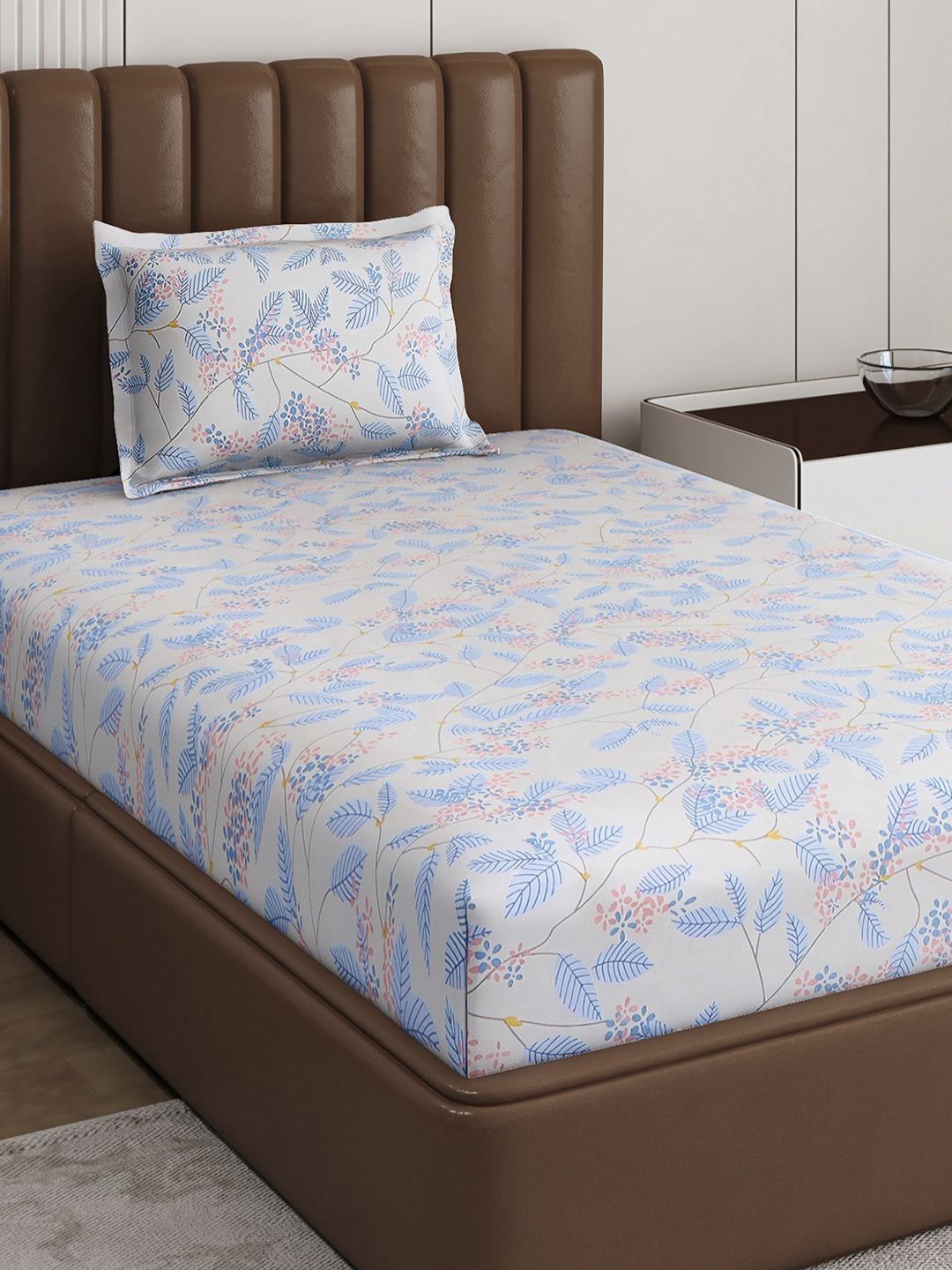 Monte Carlo Pixel Blue & White Floral Printed 120 TC Single Bedsheet Set 1.52 m x 2.30 m