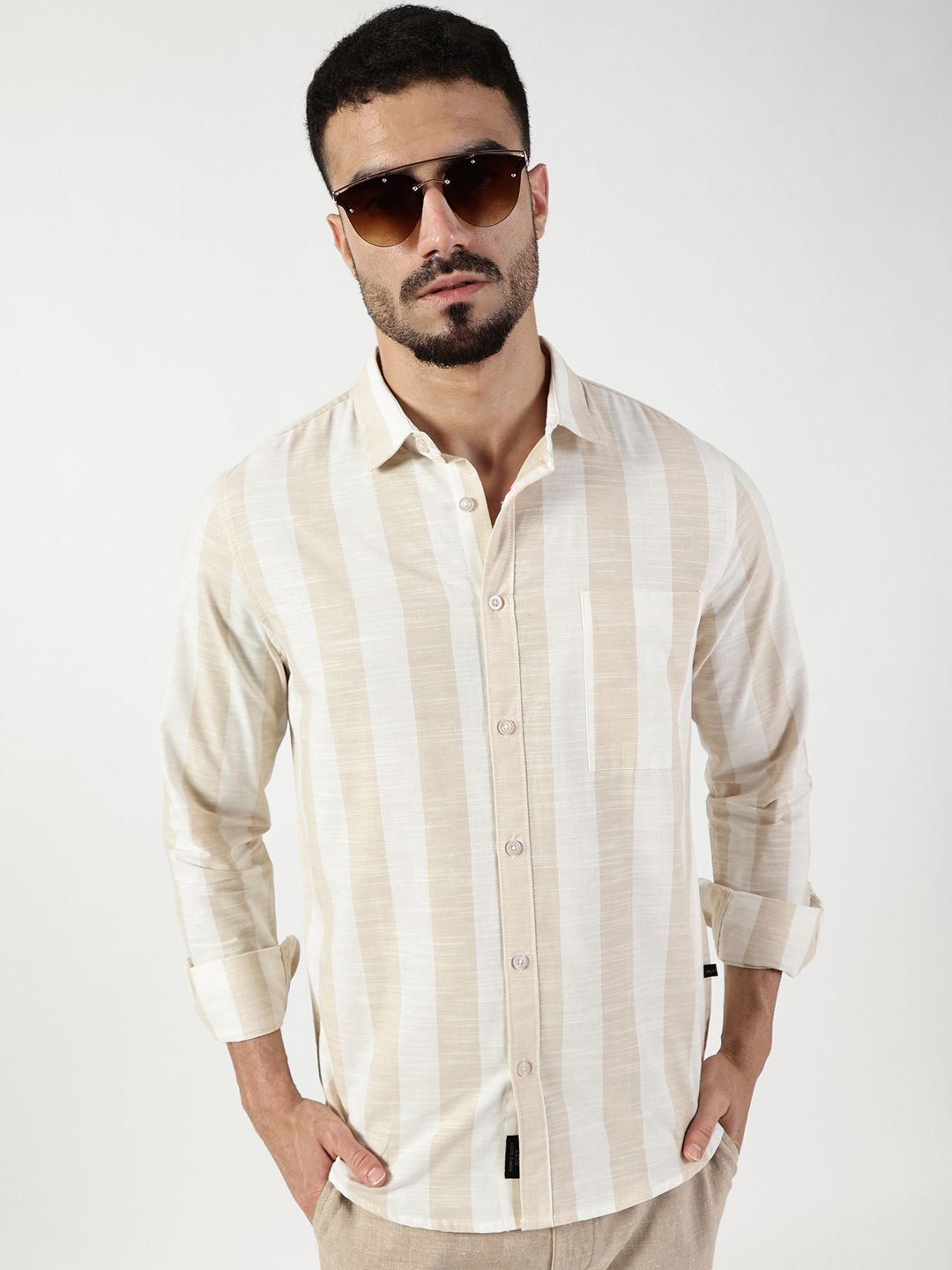 Thomas Scott Men Premium Spread Collar Vertical Striped Cotton Slim Fit Casual Shirt