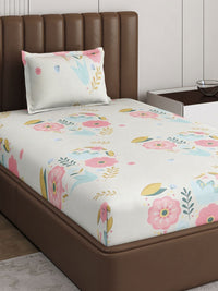 Monte Carlo Pixel White & Pink Floral Printed 120 TC Single Bedsheet Set 1.52 m x 2.30 m