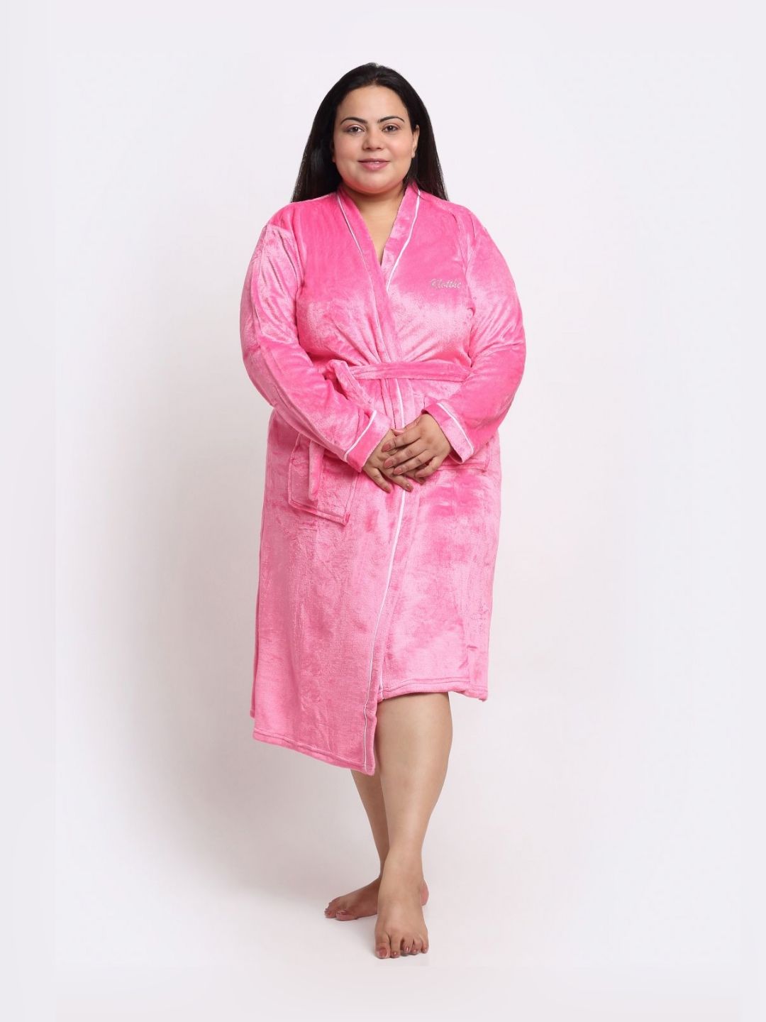 KLOTTHE Plus Size Pink Woolen Long Sleeves Bath Robe With Belt