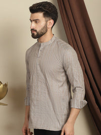 Anouk Brown Striped Woven Design Band Collar Long Sleeves Cotton Short Kurta