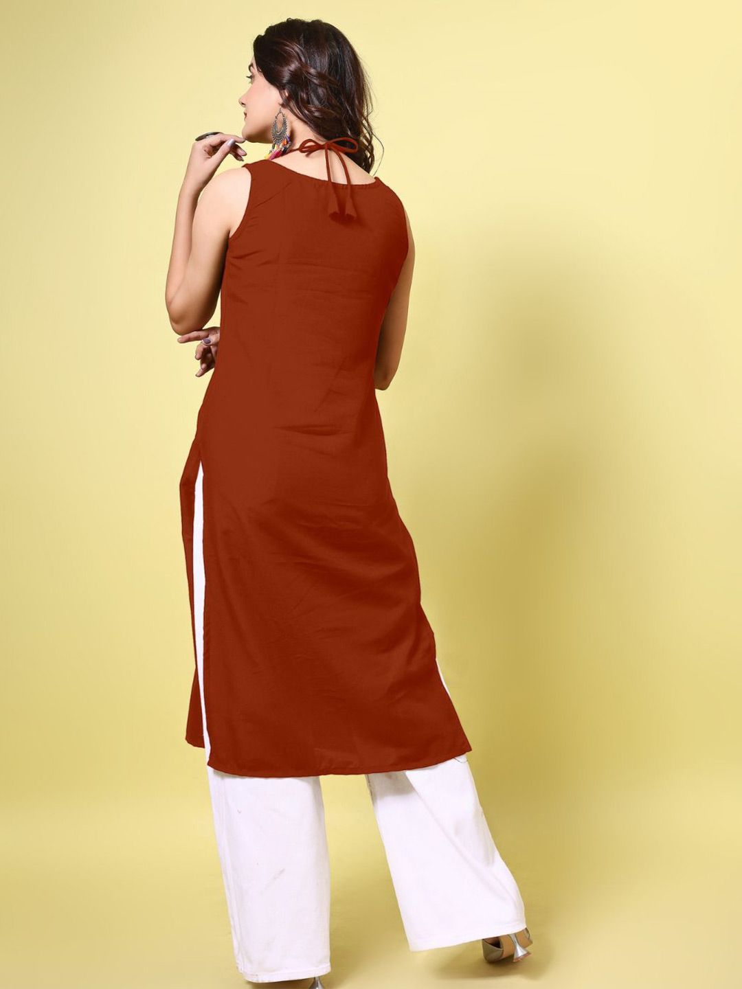KALINI Women Cotton Blend Embroidered High Neck Straight Kurta