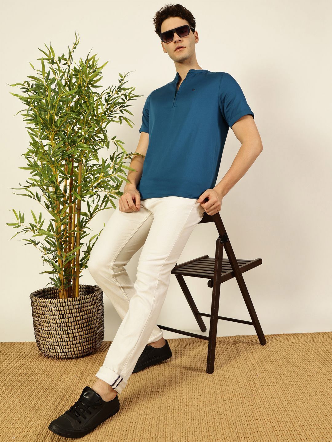 Thomas Scott Men Solid Mandarin Collar Cotton T-Shirt