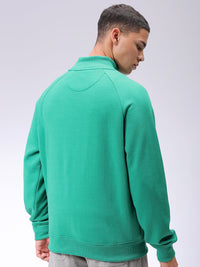 The Indian Garage Co Mens Green Relaxed Fit Solid Front open-Highneck Sweatshirts