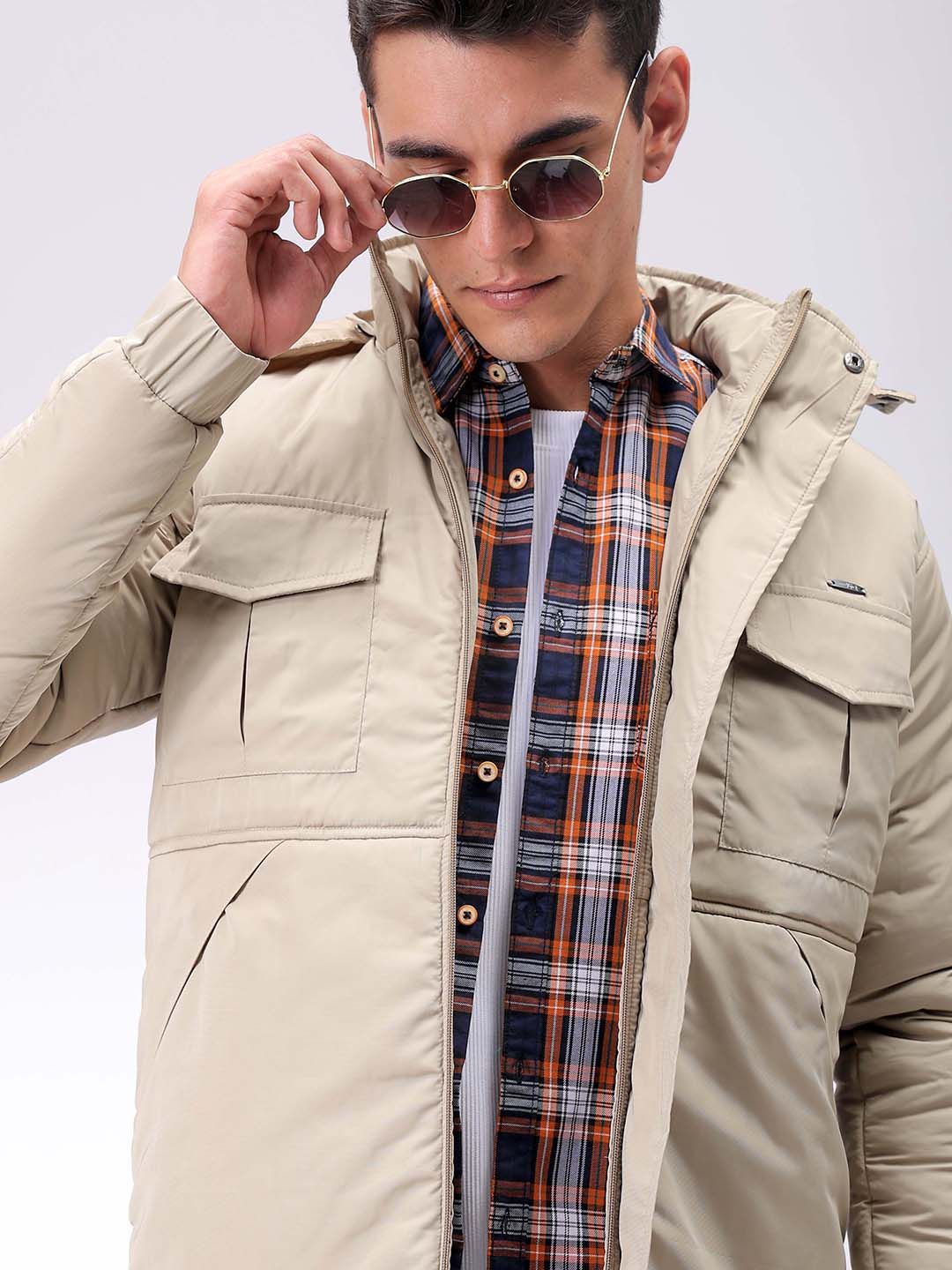 The Indian Garage Co Men Beige Solid Hooded Neck Padded Parka Jacket