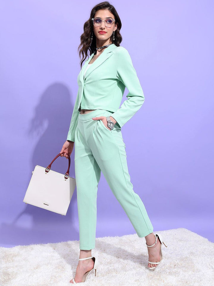 Tokyo Talkies Green Notched Lapel Collar Blazer With Trouser