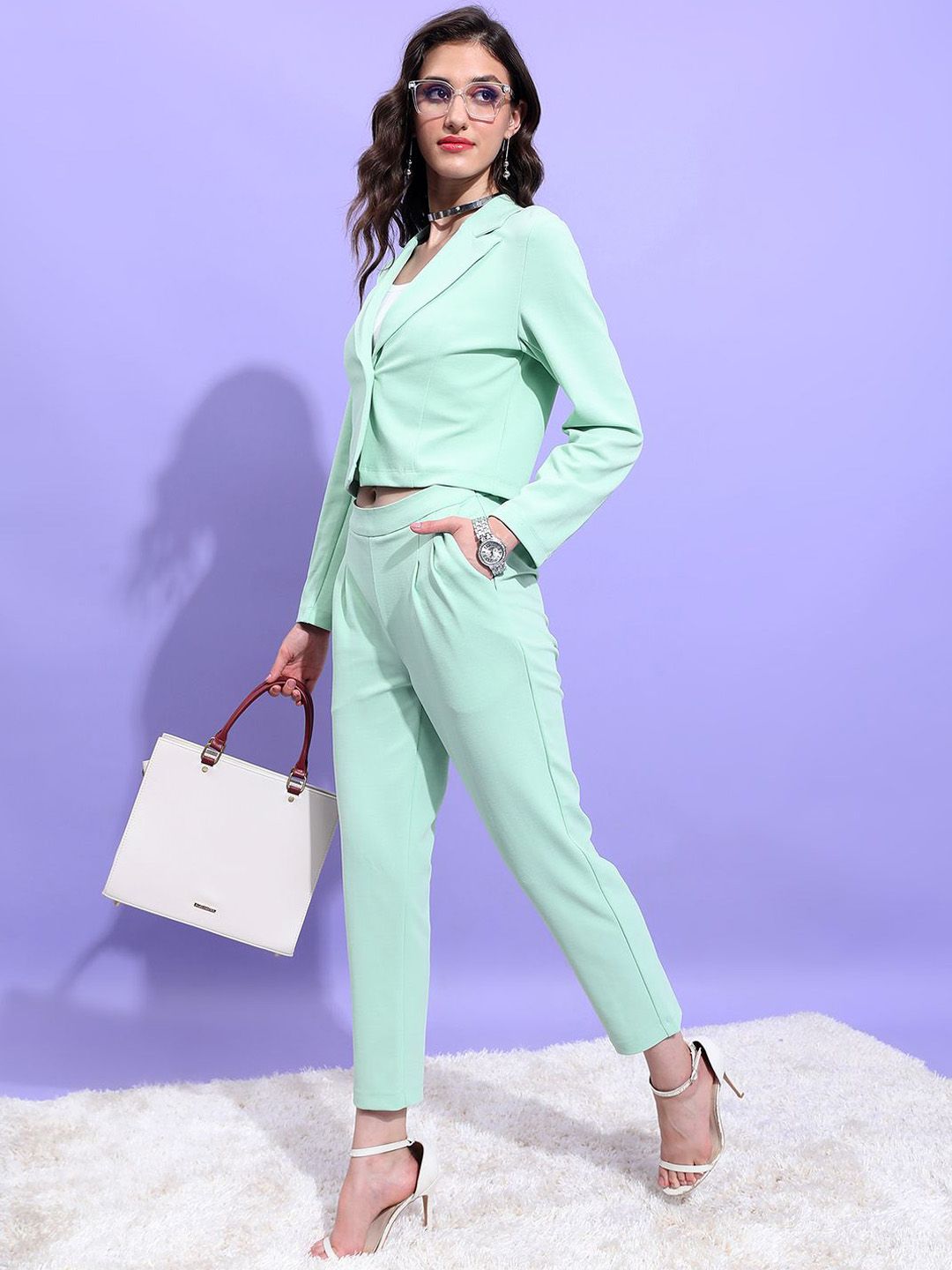 Tokyo Talkies Green Notched Lapel Collar Blazer With Trouser
